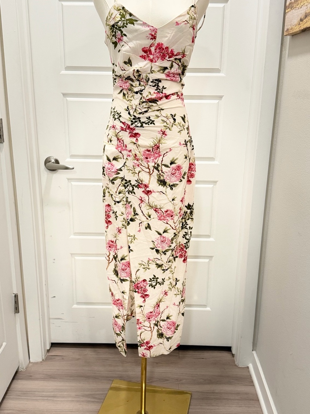 Zara Floral Ruched Midi Dress in Cream and Pink NWT - Picture 1 of 6